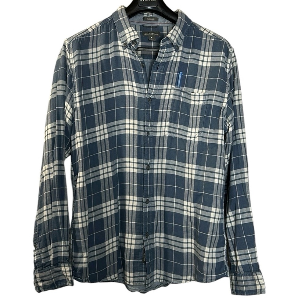 Eddie Bauer Blue White Plaid Button Down Shirt Cotton Mens L Flannel Classic Fit